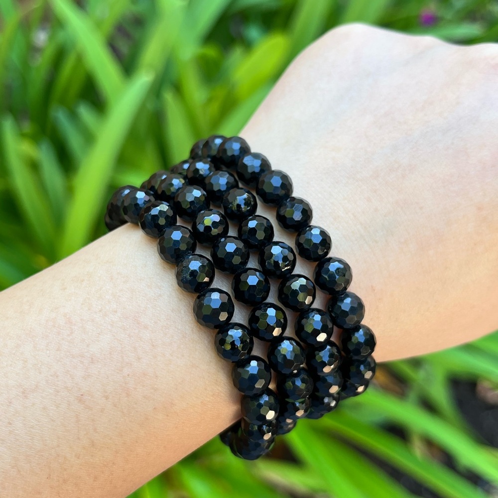 8mm stretchable faceted black obsidian bracelet 0272 - Picture 3 of 8